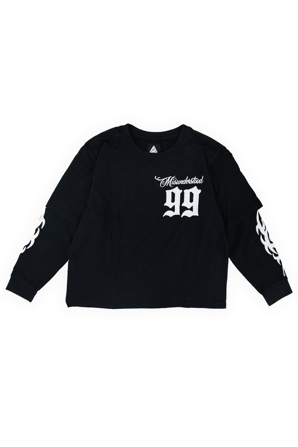 Whittier oversized twofer tee in washed black with MISUNDERSTOOD above a gothic 99 and flame-printed waffle sleeves