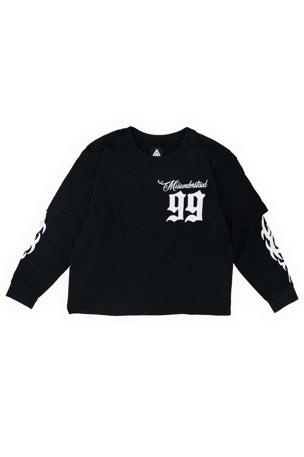Whittier oversized twofer tee in washed black with Misunderstood in white script above a gothic 99 on the left chest
