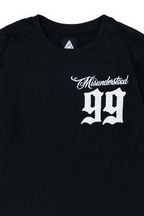 Whittier twofer tee Flames 99 colorway, detail of the white flame graphics running down the black waffle sleeve