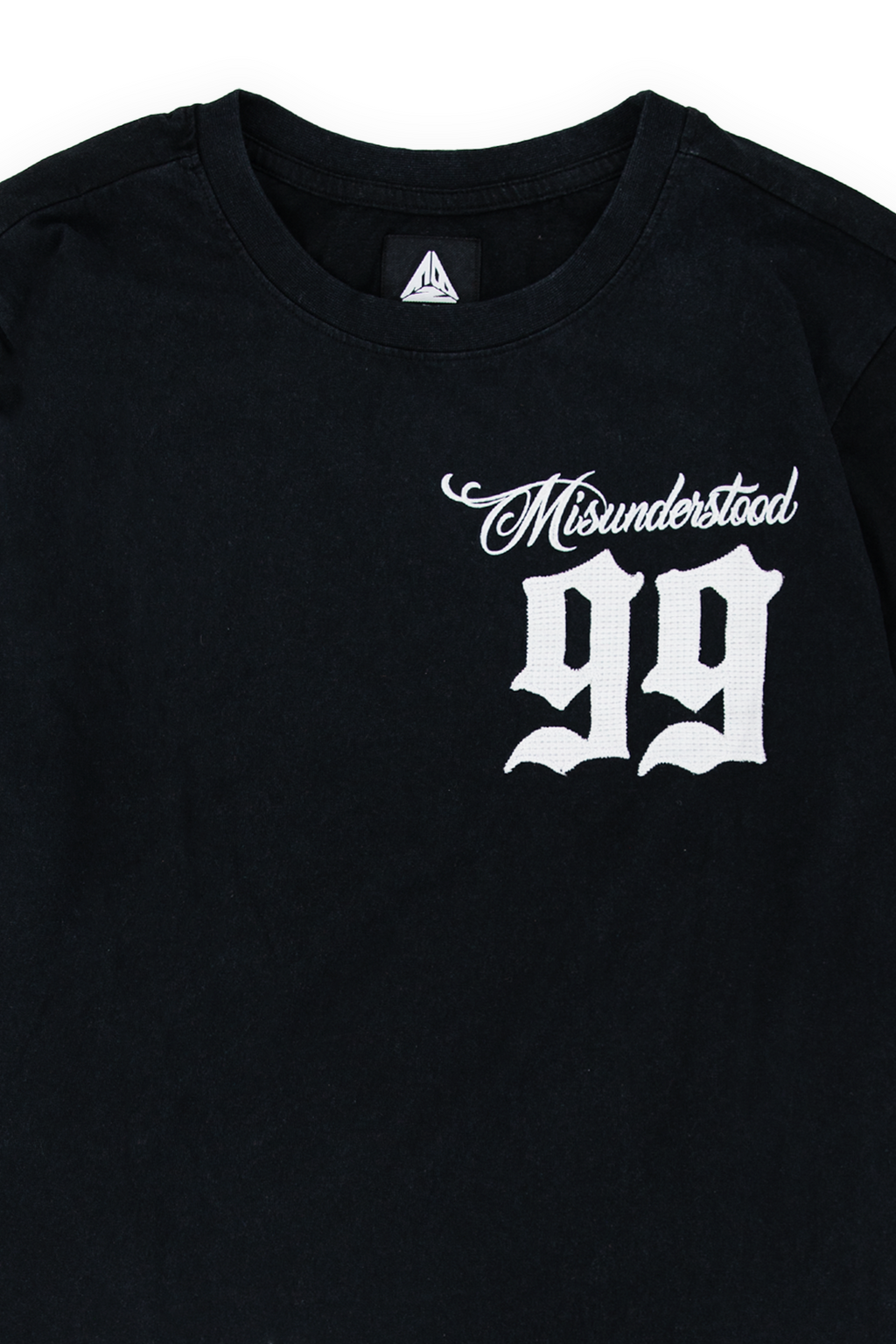 Whittier twofer tee Flames 99 colorway, detail of the white flame graphics running down the black waffle sleeve