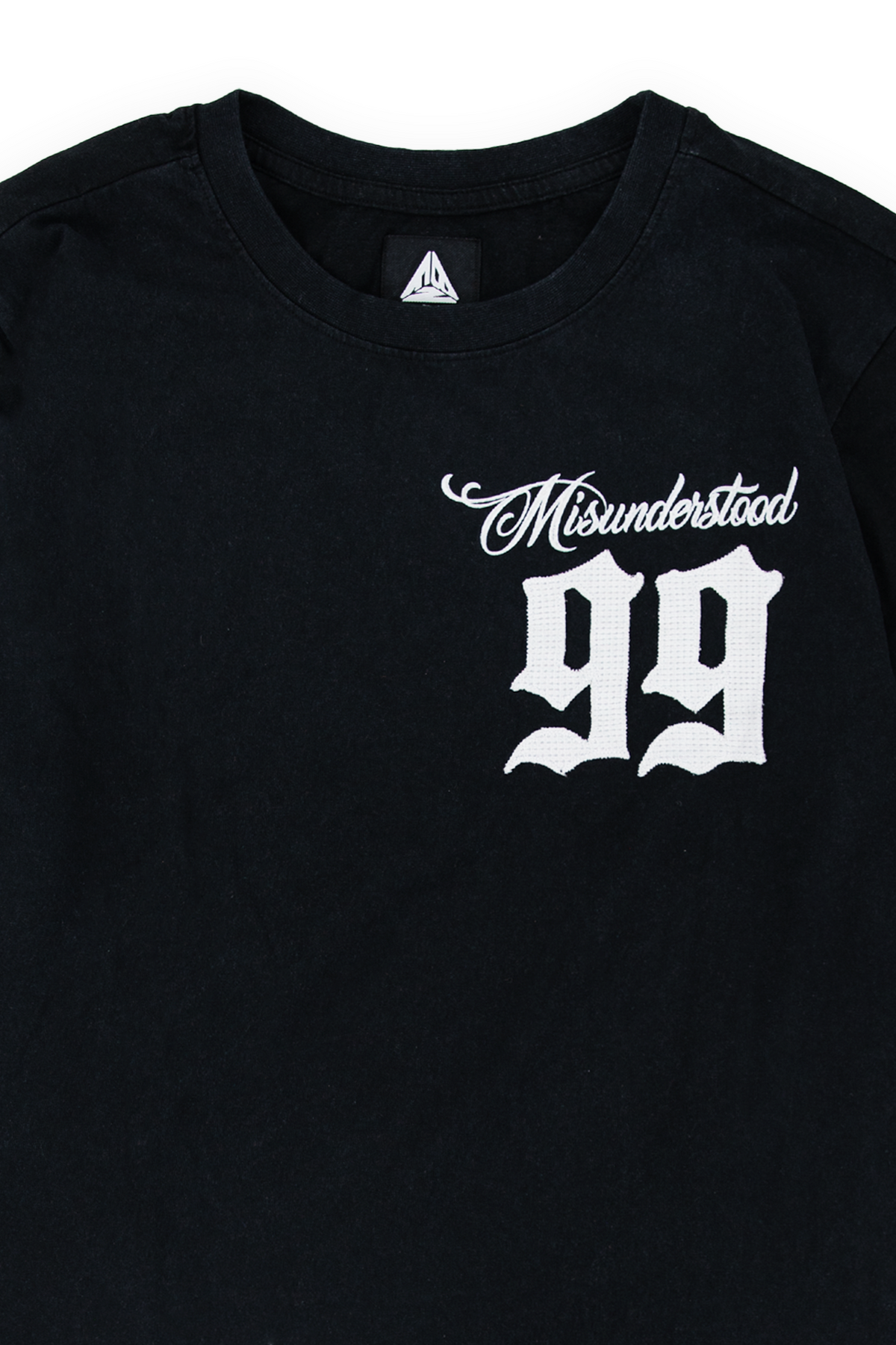 Whittier twofer tee Flames 99 colorway, detail of the white flame graphics running down the black waffle sleeve