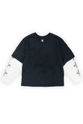 Whittier oversized twofer tee in washed black with a tonal gothic LA across the chest and white waffle sleeves