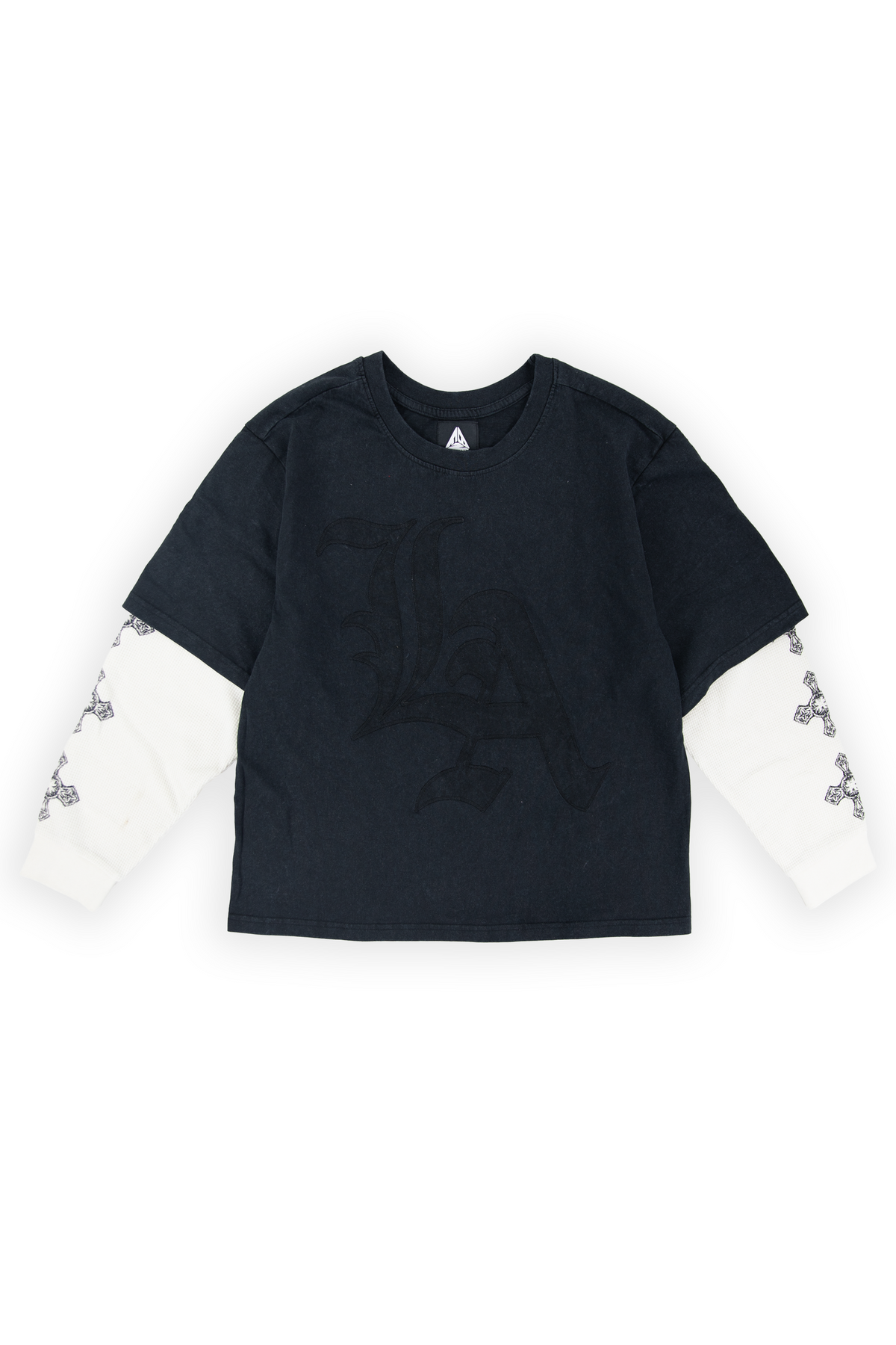 Whittier oversized twofer tee in washed black with a tonal gothic LA across the chest and white waffle sleeves