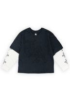 Whittier oversized twofer tee in washed black with a massive tonal black gothic LA appliqued across the chest and cream waffle sleeves