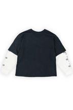 Back of the Whittier twofer tee in the LA colorway with repeating grey gothic cross graphics on the cream waffle sleeves
