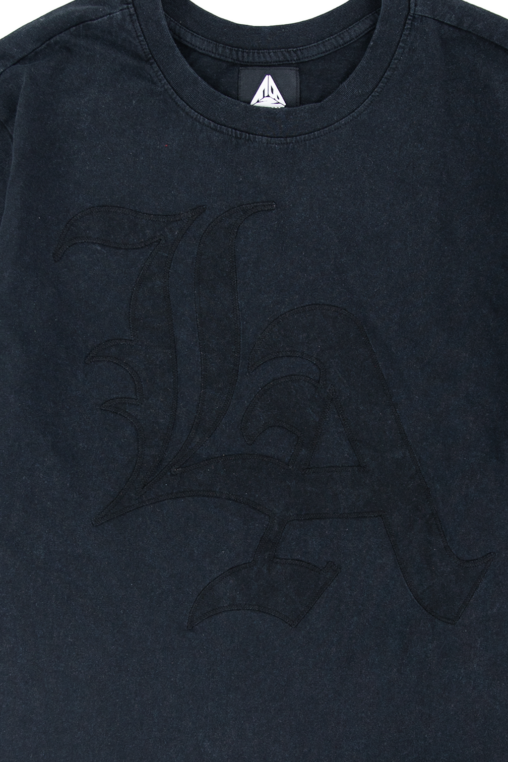 Whittier twofer tee LA colorway, detail of the grey gothic cross graphics on the white waffle sleeve