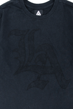 Whittier twofer tee LA colorway, close detail of the tonal black gothic LA applique stitching