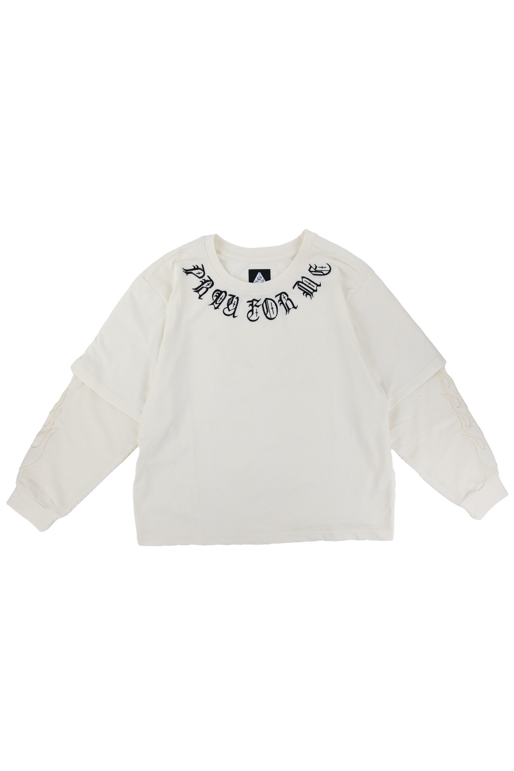 Anthem cream oversized twofer tee with PRAY FOR ME arched in black gothic lettering around the neckline