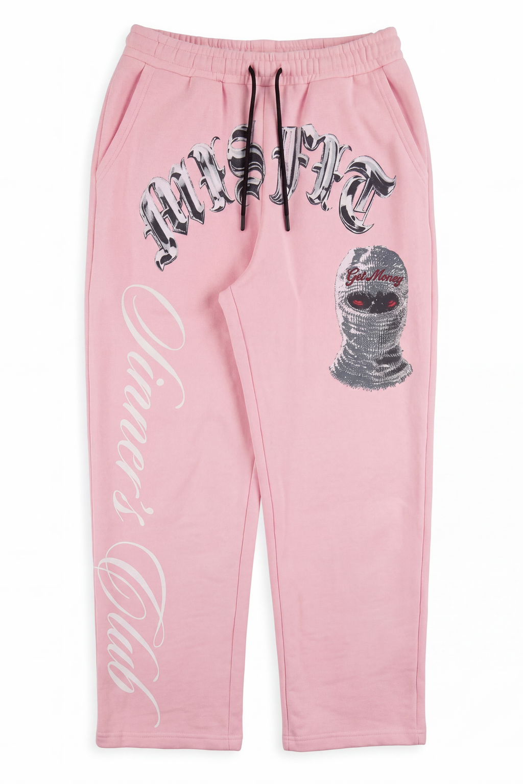 Cairo candy pink relaxed sweatpants with chrome gothic MSFT lettering across the hip