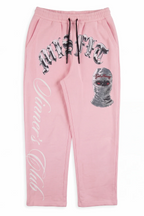 Cairo candy pink relaxed sweatpants with chrome gothic MSFT lettering across the hip