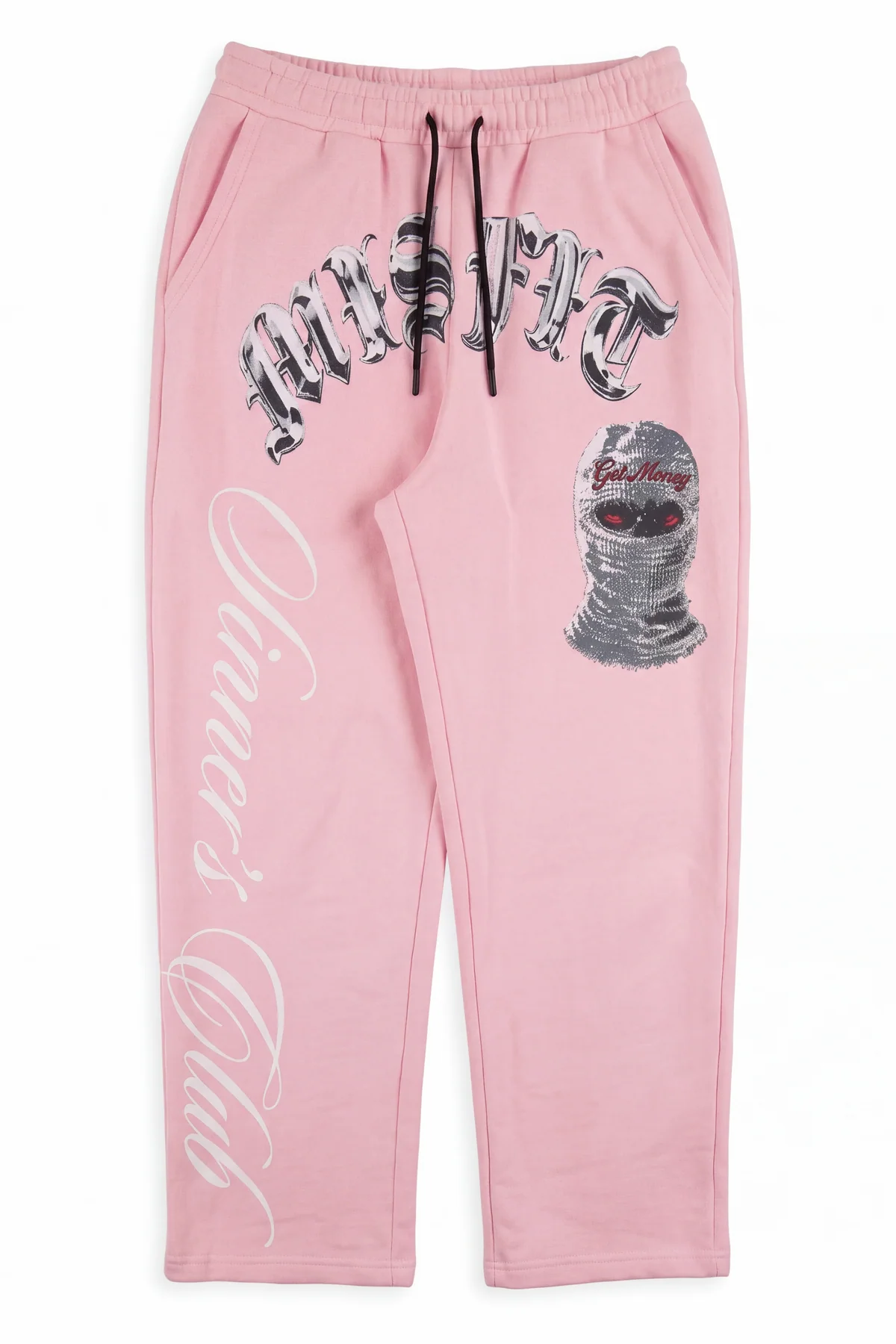 Cairo candy pink relaxed sweatpants with chrome gothic MSFT lettering across the hip