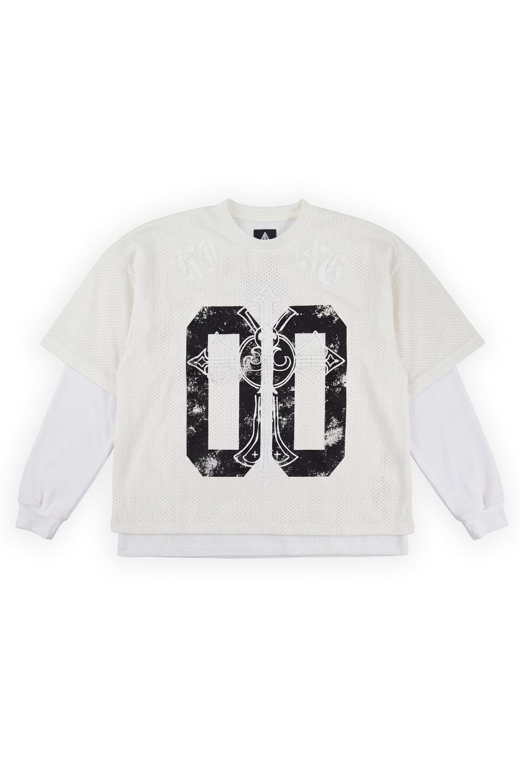 Monarch cream mesh twofer tee with a distressed 00 split by an ornate gothic cross and KING arched above
