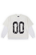 Monarch cream mesh twofer tee with a distressed 00 split by an ornate gothic cross and KING arched above
