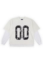 Monarch cream mesh twofer tee with a distressed 00 split by an ornate gothic cross and KING arched above