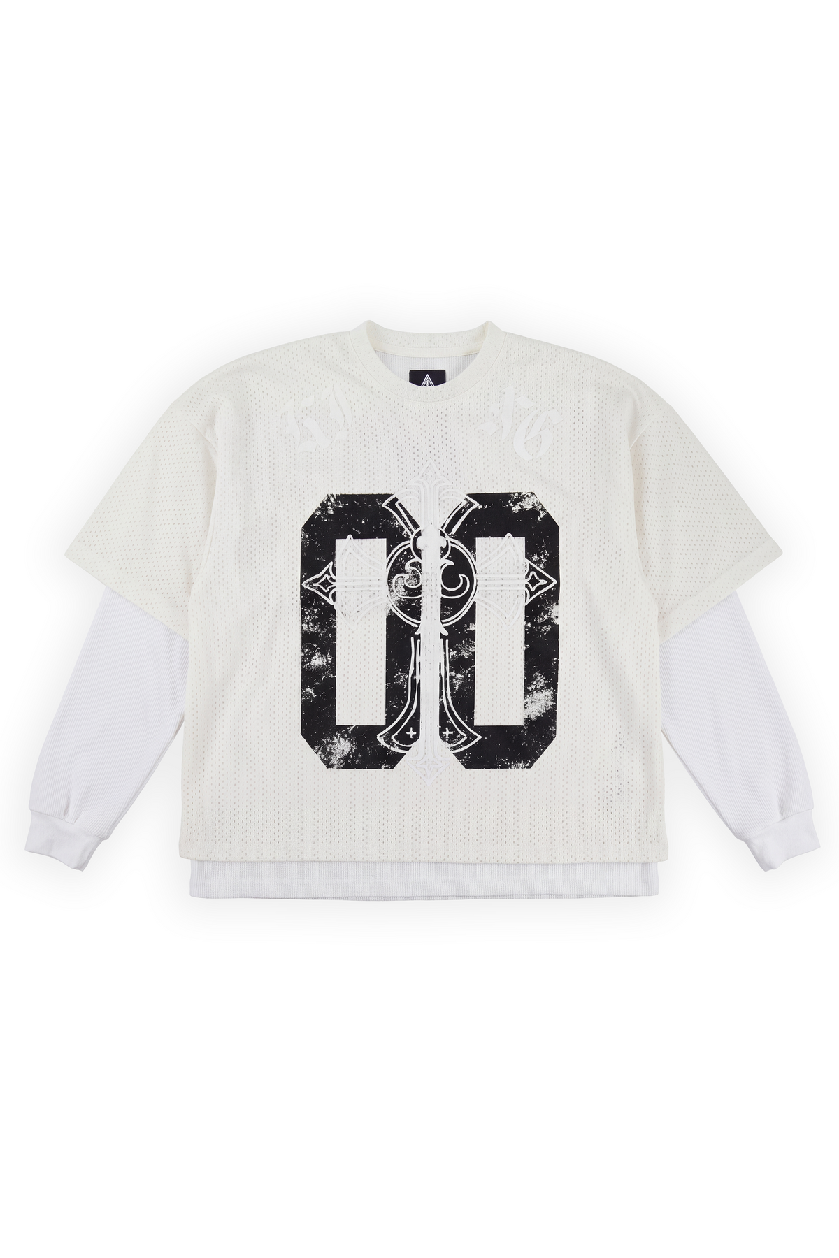 Monarch cream mesh twofer tee with a distressed 00 split by an ornate gothic cross and KING arched above