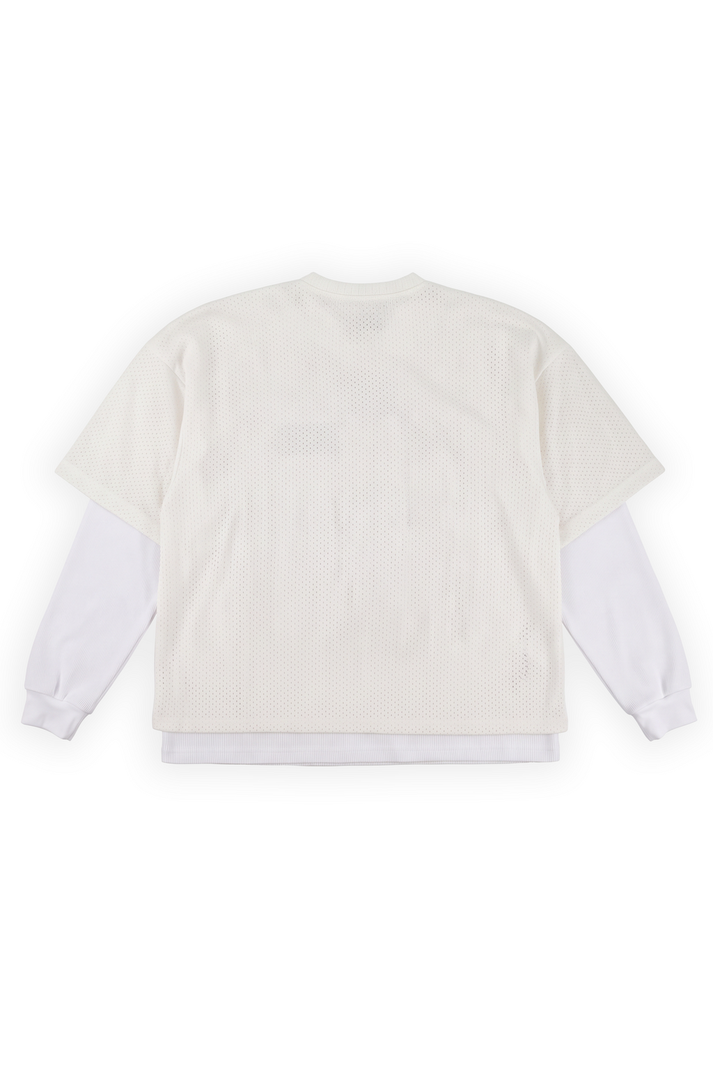 Monarch oversized mesh twofer tee in Jet Stream off-white with a boxy drop-shoulder drape