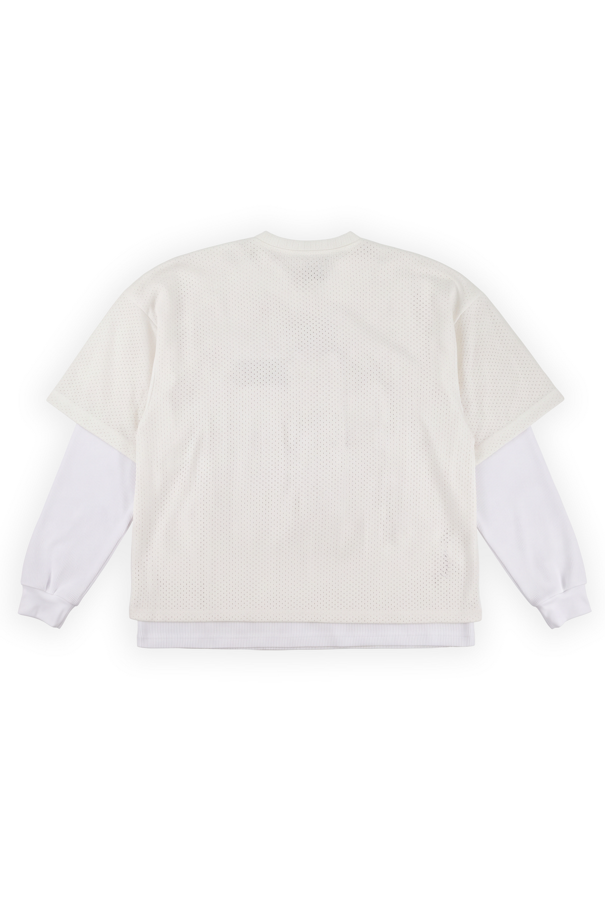Monarch oversized mesh twofer tee in Jet Stream off-white with a boxy drop-shoulder drape