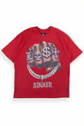 Legacy deep red oversized graphic tee with a photoreal tattooed fist, knuckles iced out reading LOST