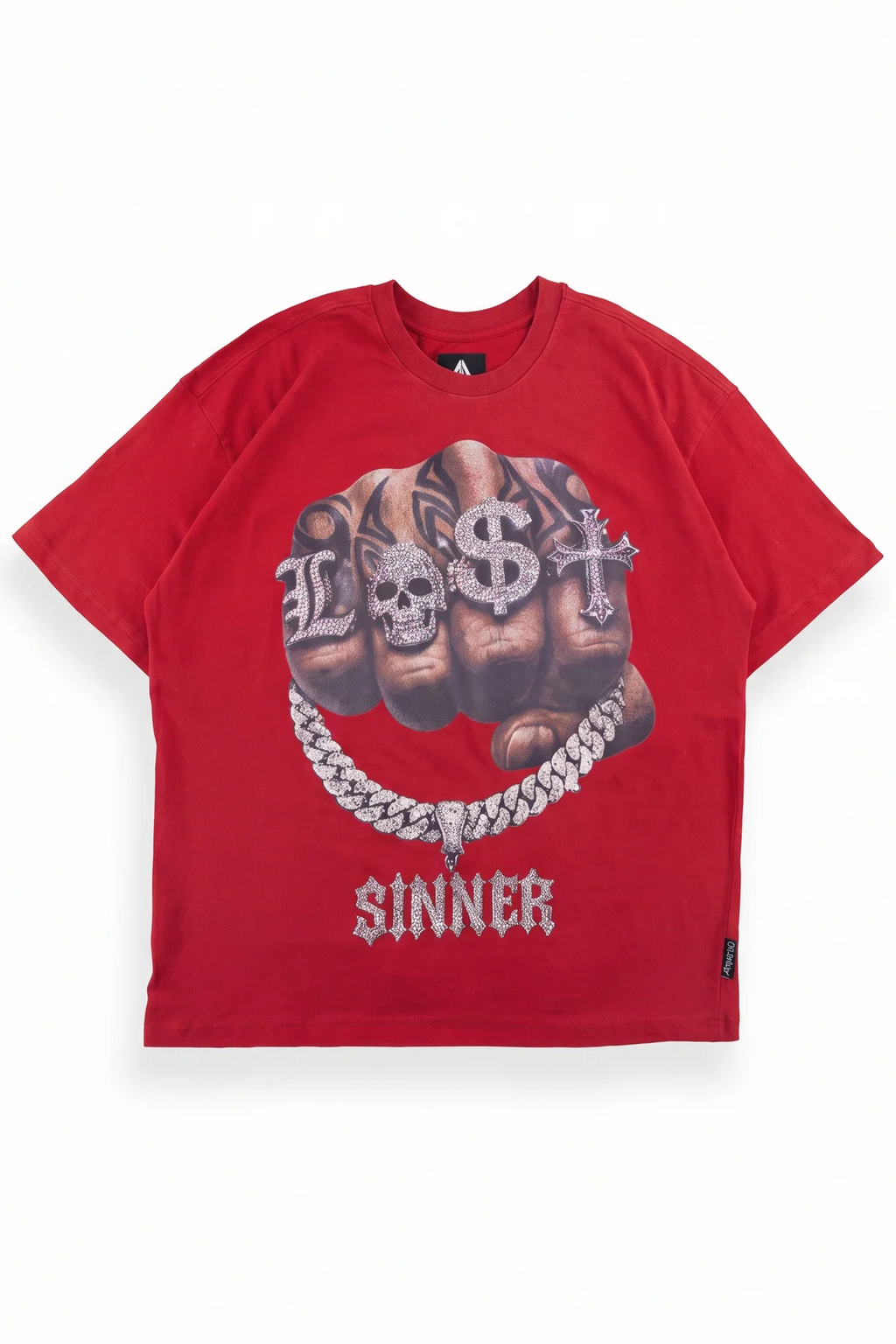 Legacy deep red oversized graphic tee with a photoreal tattooed fist, knuckles iced out reading LOST