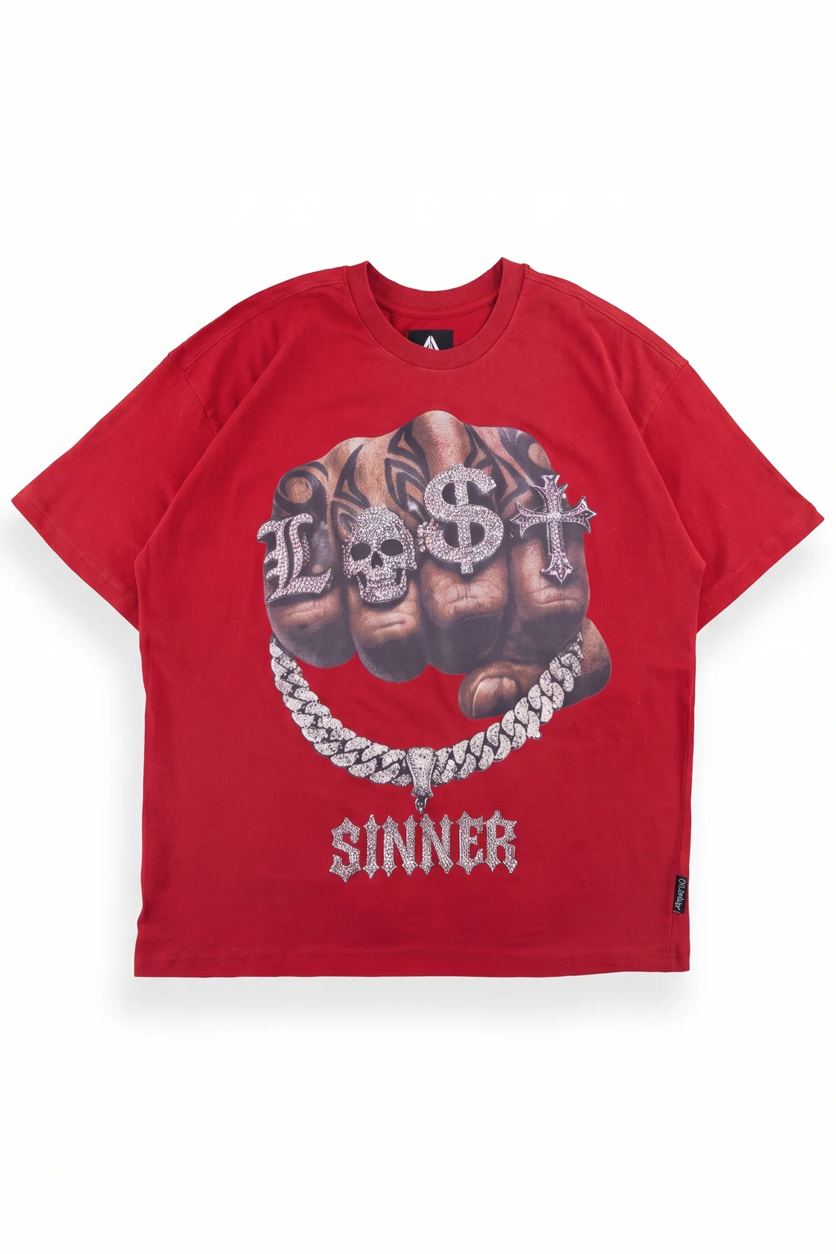 Legacy deep red oversized graphic tee with a photoreal tattooed fist, knuckles iced out reading LOST