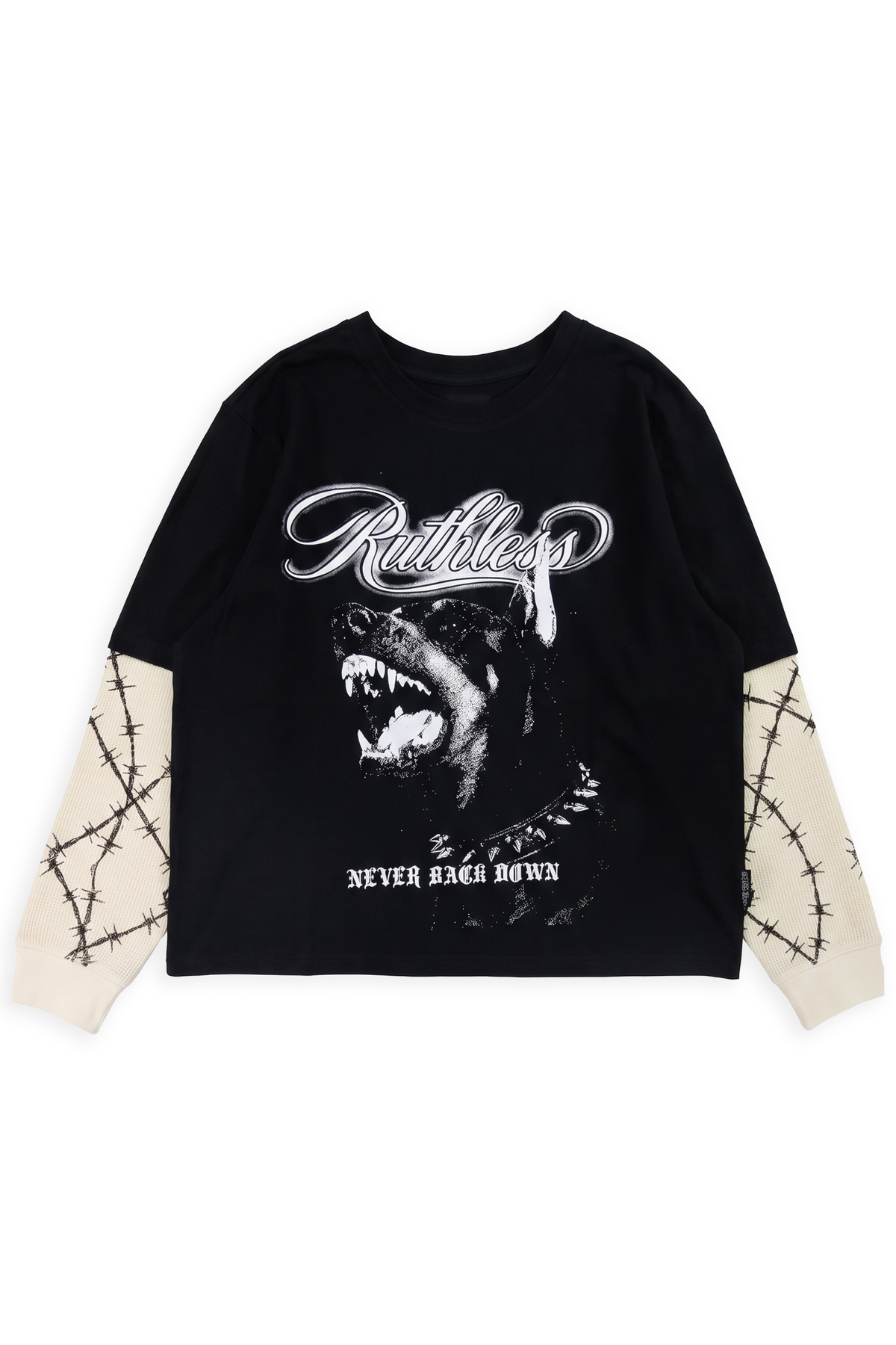 Method black oversized twofer tee with bone thermal sleeves and an airbrushed RUTHLESS script over a snarling guard dog