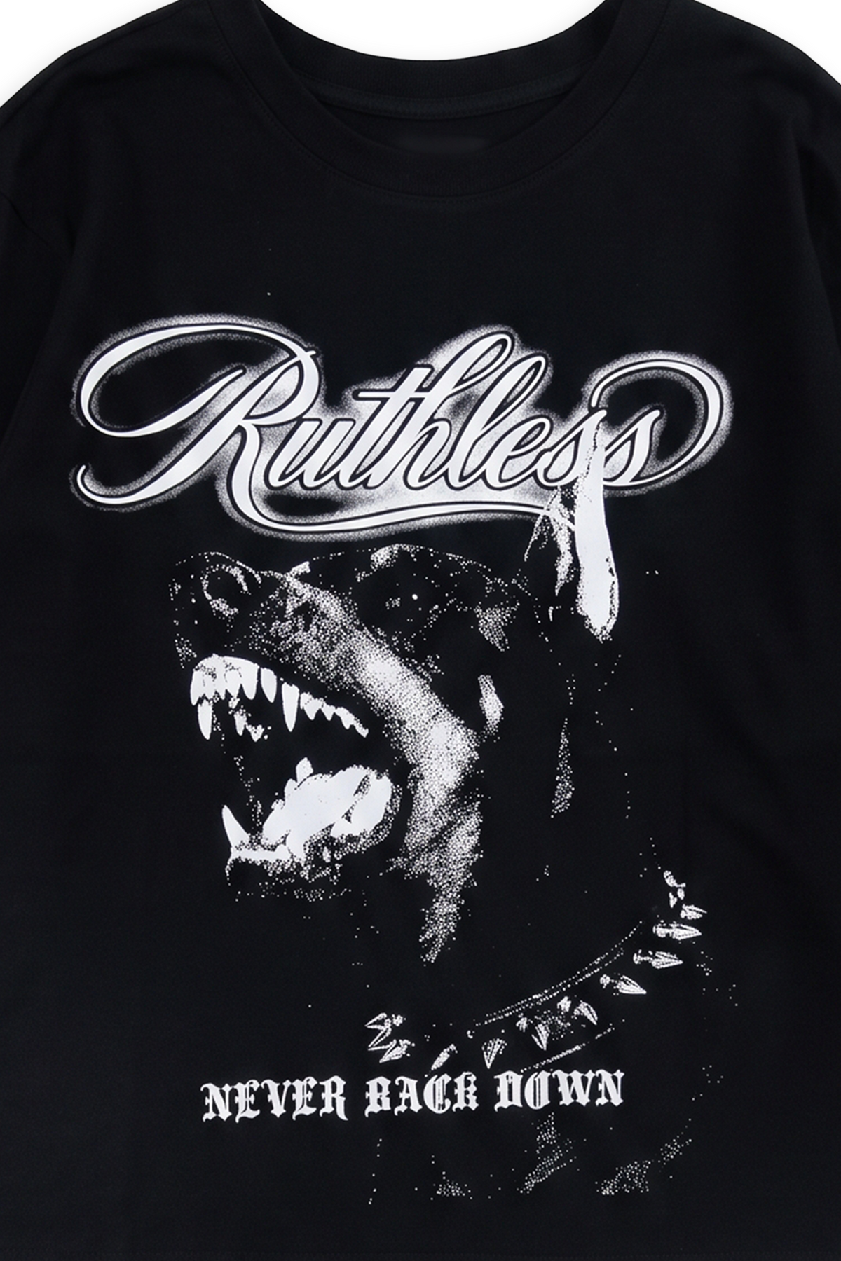 Method twofer tee detail showing barbed wire printed on the bone waffle-knit thermal sleeve