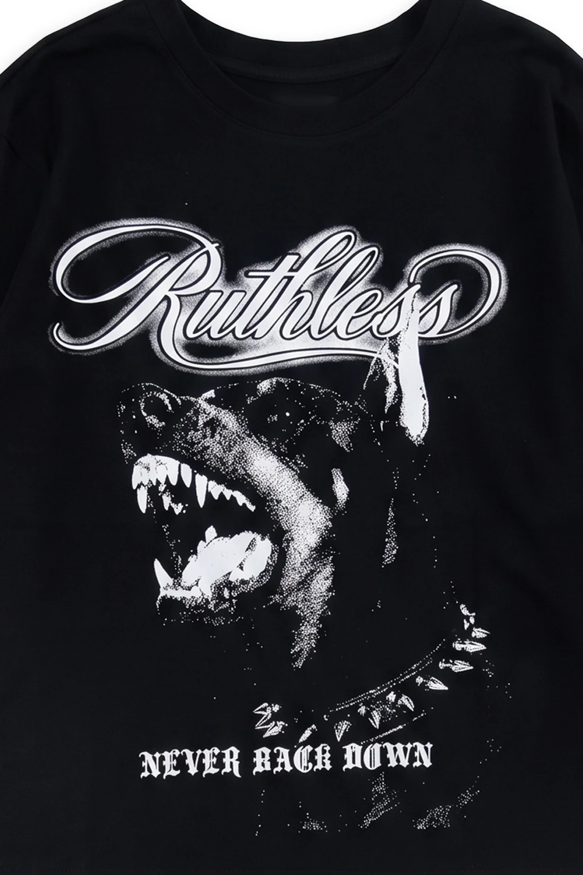 Method twofer tee detail showing barbed wire printed on the bone waffle-knit thermal sleeve