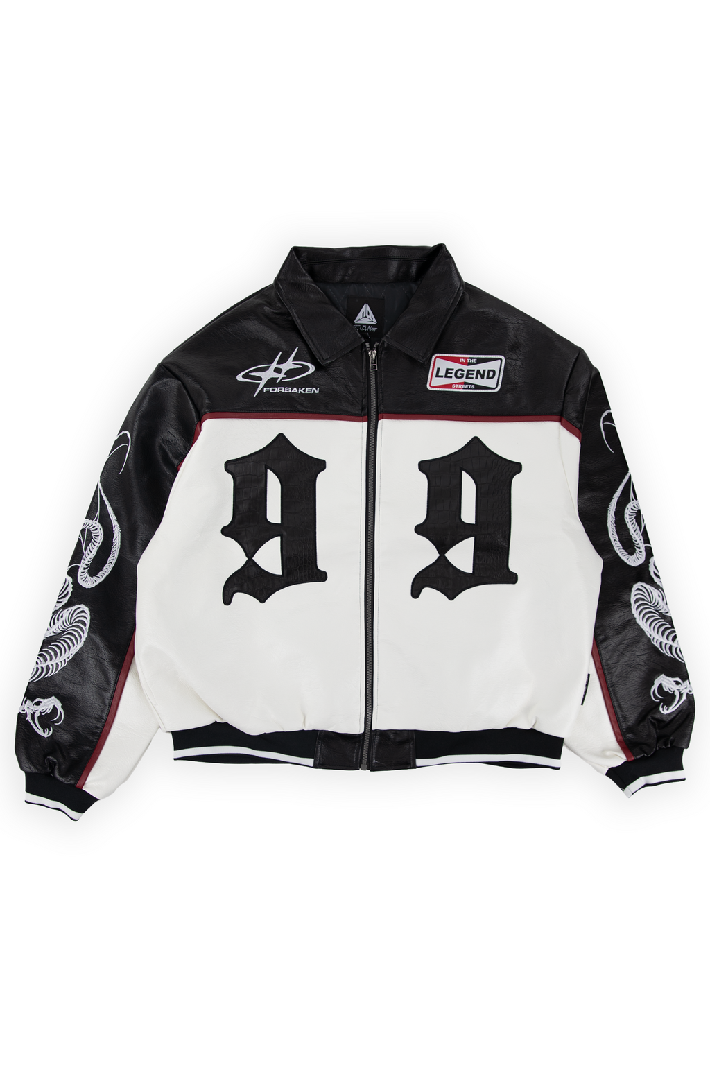 Meyers padded faux leather racing jacket in black and bone with snakeskin gothic 99 numerals across the chest