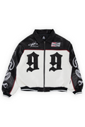 Meyers padded faux leather racing jacket in black and bone with snakeskin gothic 99 numerals across the chest