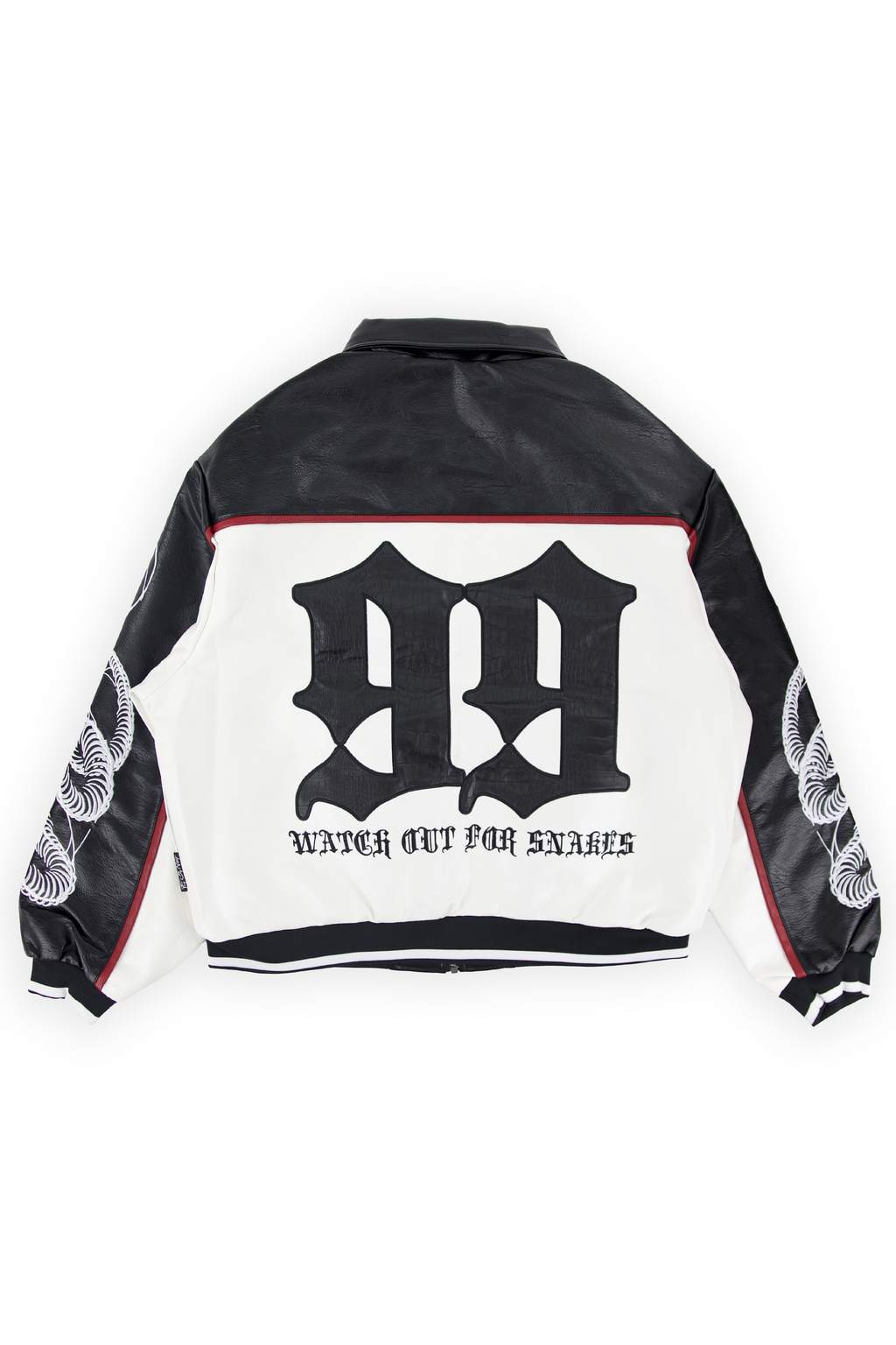 Back of the Meyers racing jacket showing an oversized snakeskin 99 above WATCH OUT FOR SNAKES in gothic lettering