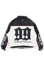 Back of the Meyers racing jacket showing an oversized snakeskin 99 above WATCH OUT FOR SNAKES in gothic lettering