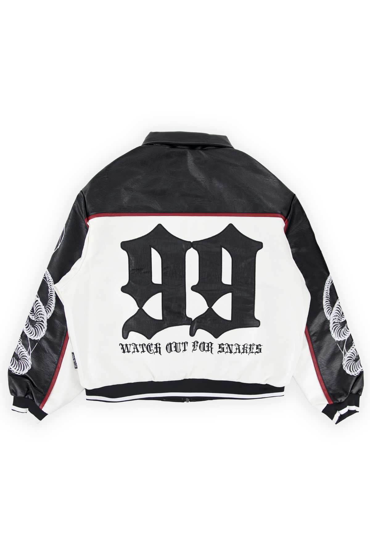 Back of the Meyers racing jacket showing an oversized snakeskin 99 above WATCH OUT FOR SNAKES in gothic lettering