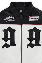 Meyers racing jacket sleeve detail with white snake-skeleton embroidery and burgundy contrast piping