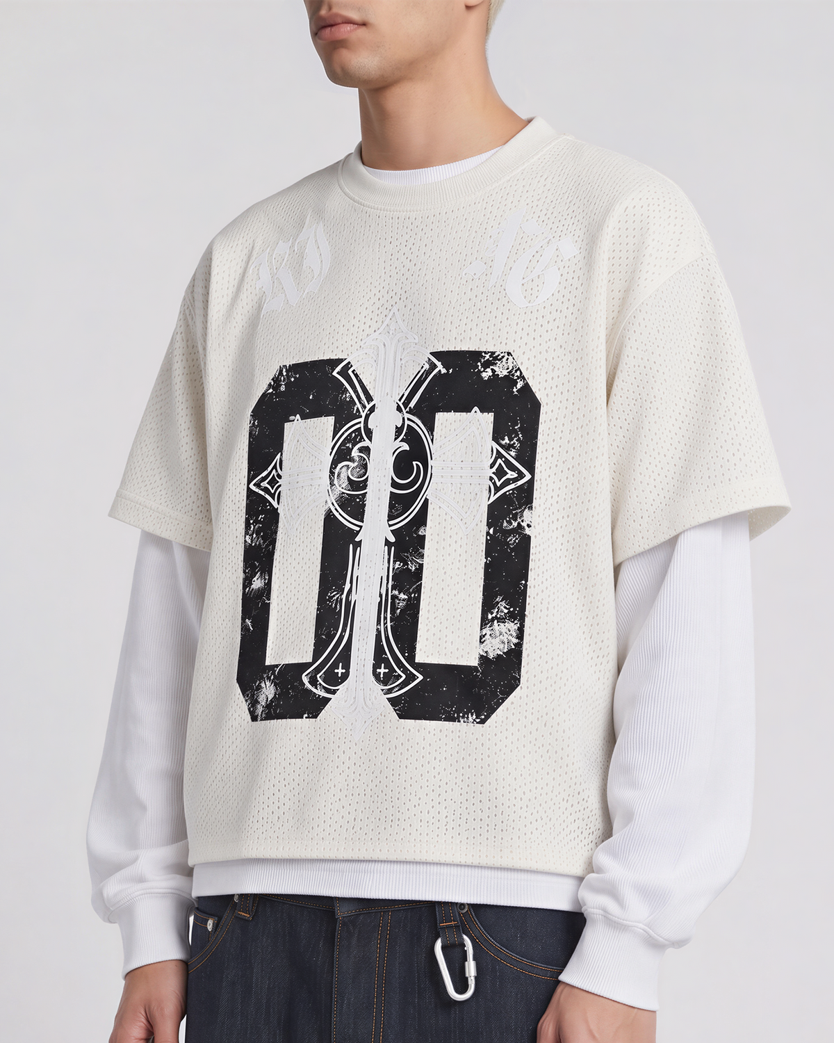 MONARCH KING 00 GOTHIC CROSS OVERSIZED MESH TWOFER TEE