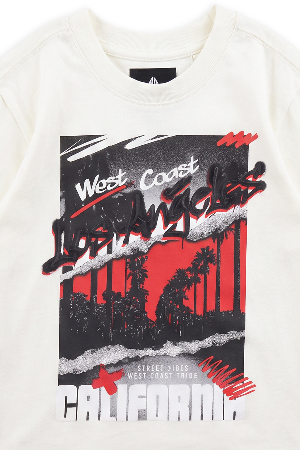 Cahuenga tee detail showing CALIFORNIA in heavy white block type with red marker accents