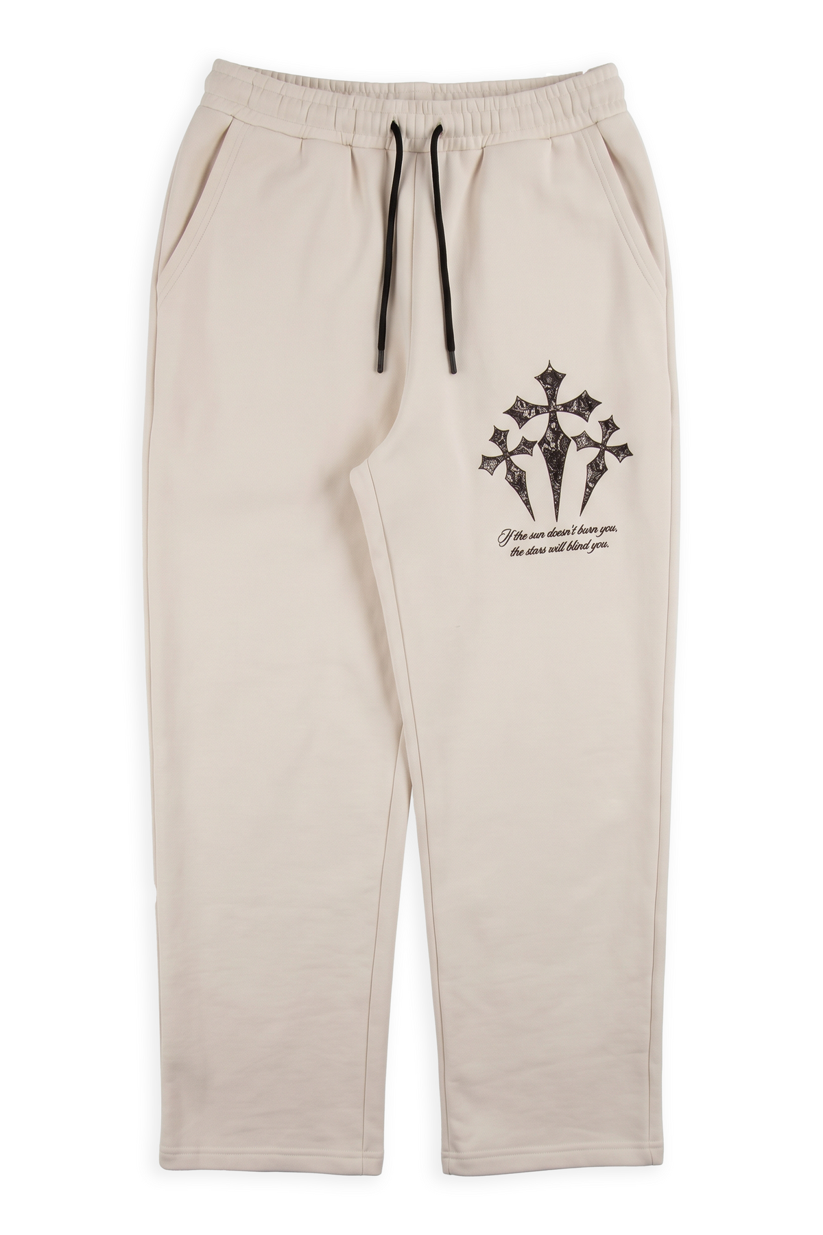 Rafe bone fleece relaxed sweatpants with a lace-textured gothic cross cluster printed on the thigh
