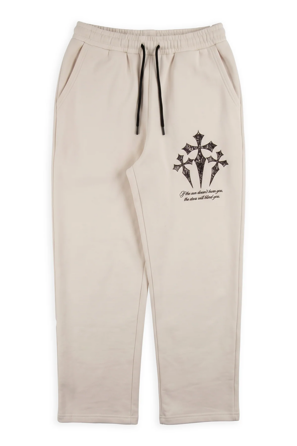 Rafe off-white fleece relaxed sweatpants with a lace-textured gothic cross cluster printed on the thigh
