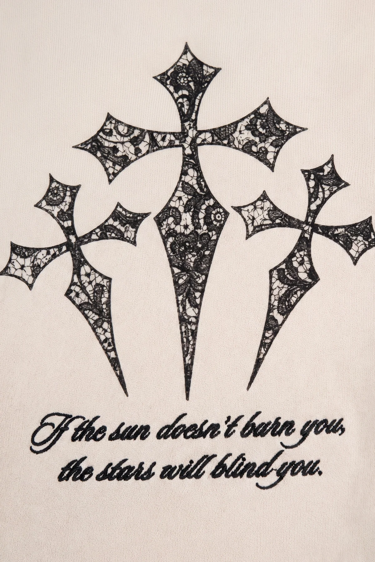 Rafe sweatpants detail showing the three gothic crosses and script print in black on off-white fleece