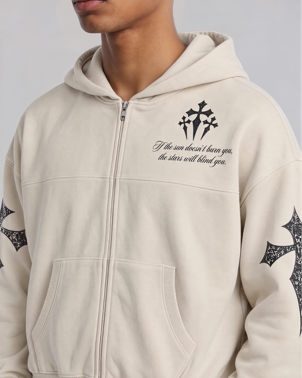 SABLE LACE CROSS OVERSIZED GRAPHIC ZIP UP HOODIE
