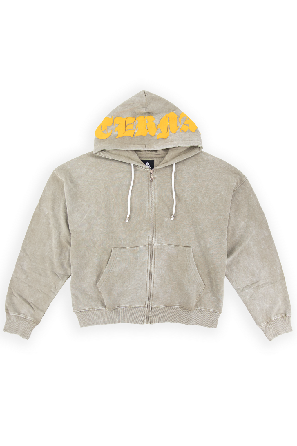 Trent mineral-washed olive zip up hoodie with ETERNAL in raised yellow gothic lettering across the hood