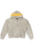 Trent mineral-washed olive zip up hoodie with ETERNAL in raised yellow gothic lettering across the hood