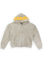 Trent mineral-washed olive zip up hoodie with ETERNAL in raised yellow gothic lettering across the hood