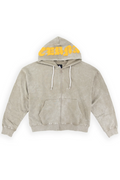 Trent mineral-washed olive zip up hoodie with ETERNAL in raised yellow gothic lettering across the hood
