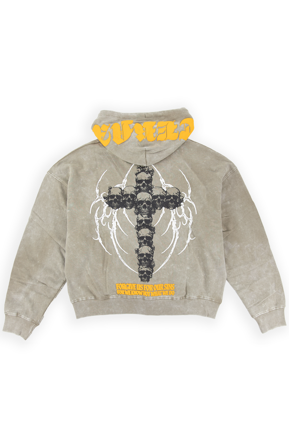 Trent washed zip up hoodie in Winter Twig fleece with a split kangaroo pocket and cross-shaped zip pull