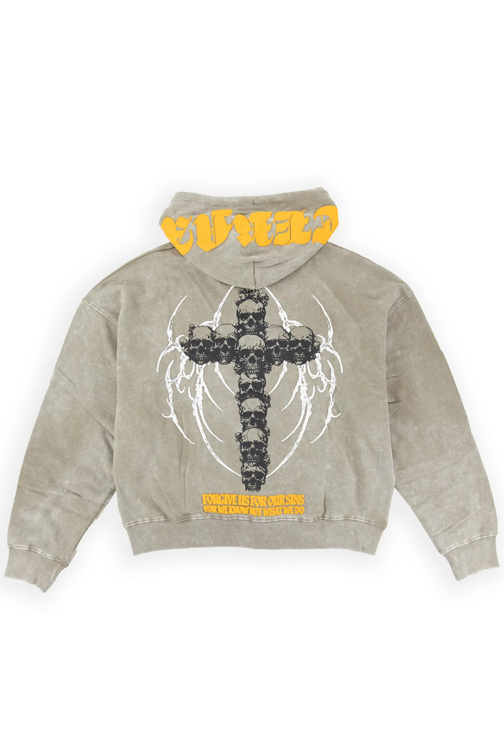 Trent washed zip up hoodie in Winter Twig fleece with a split kangaroo pocket and cross-shaped zip pull