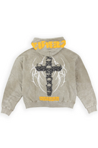 Trent washed zip up hoodie in Winter Twig fleece with a split kangaroo pocket and cross-shaped zip pull