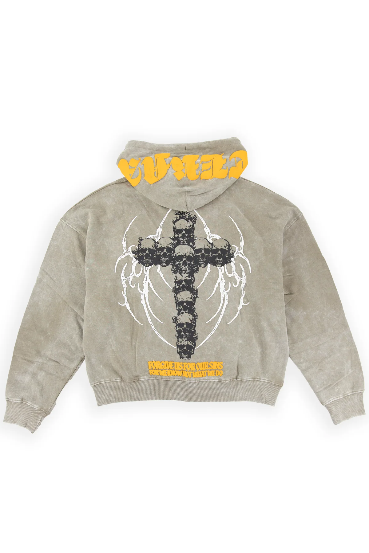 Trent washed zip up hoodie in Winter Twig fleece with a split kangaroo pocket and cross-shaped zip pull