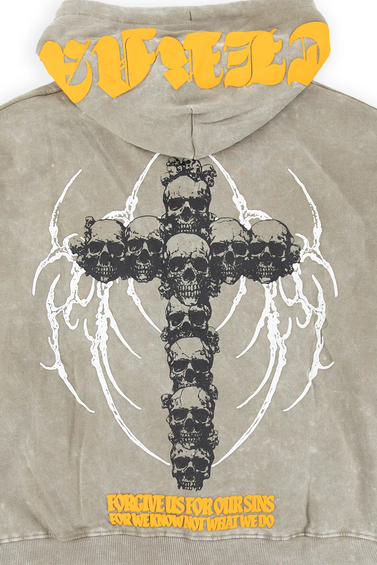 Back of the Trent zip up hoodie showing a cross built from stacked skulls framed by white tribal thorns