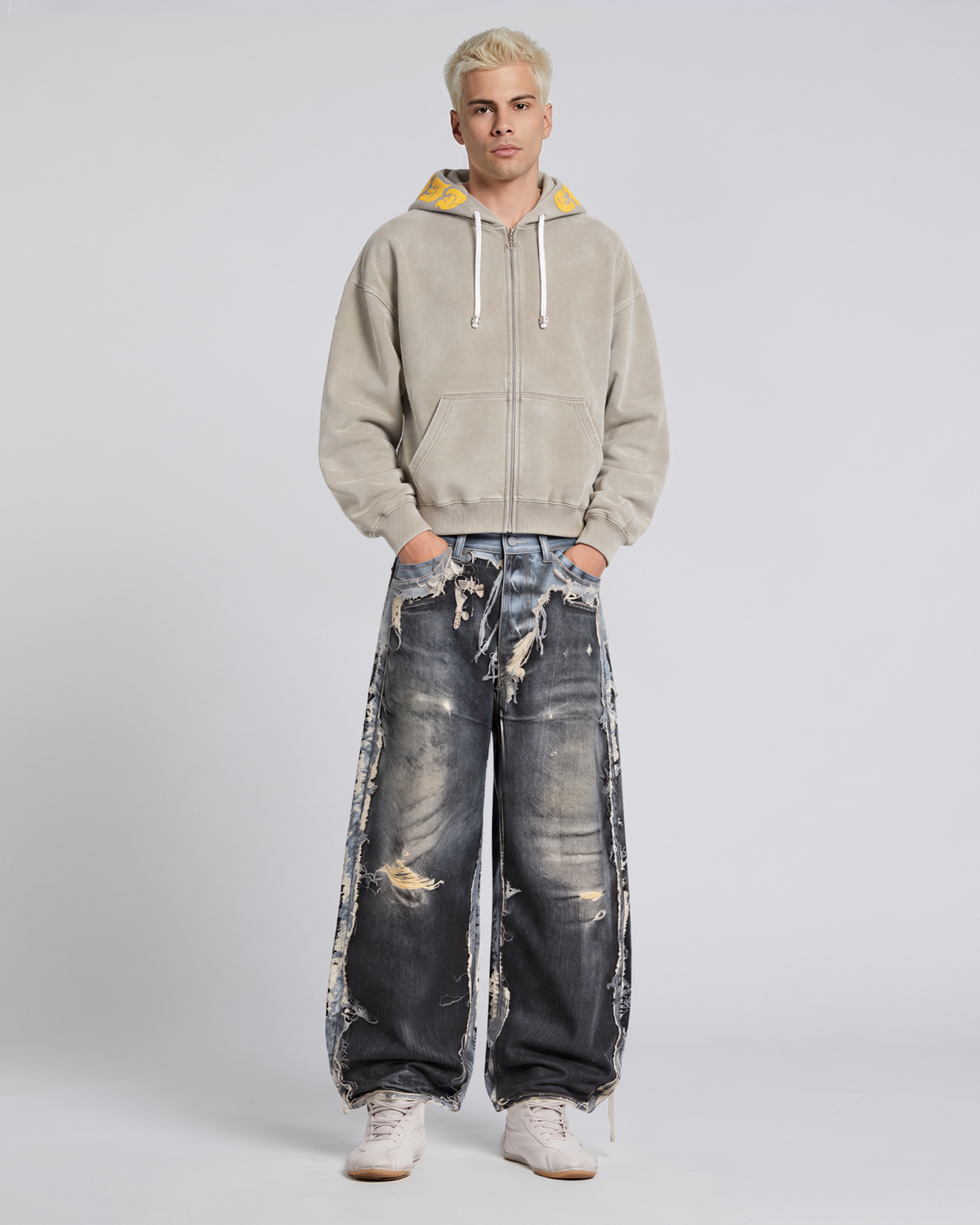 TRENT ETERNAL SKULL CROSS OVERSIZED WASHED ZIP UP HOODIE