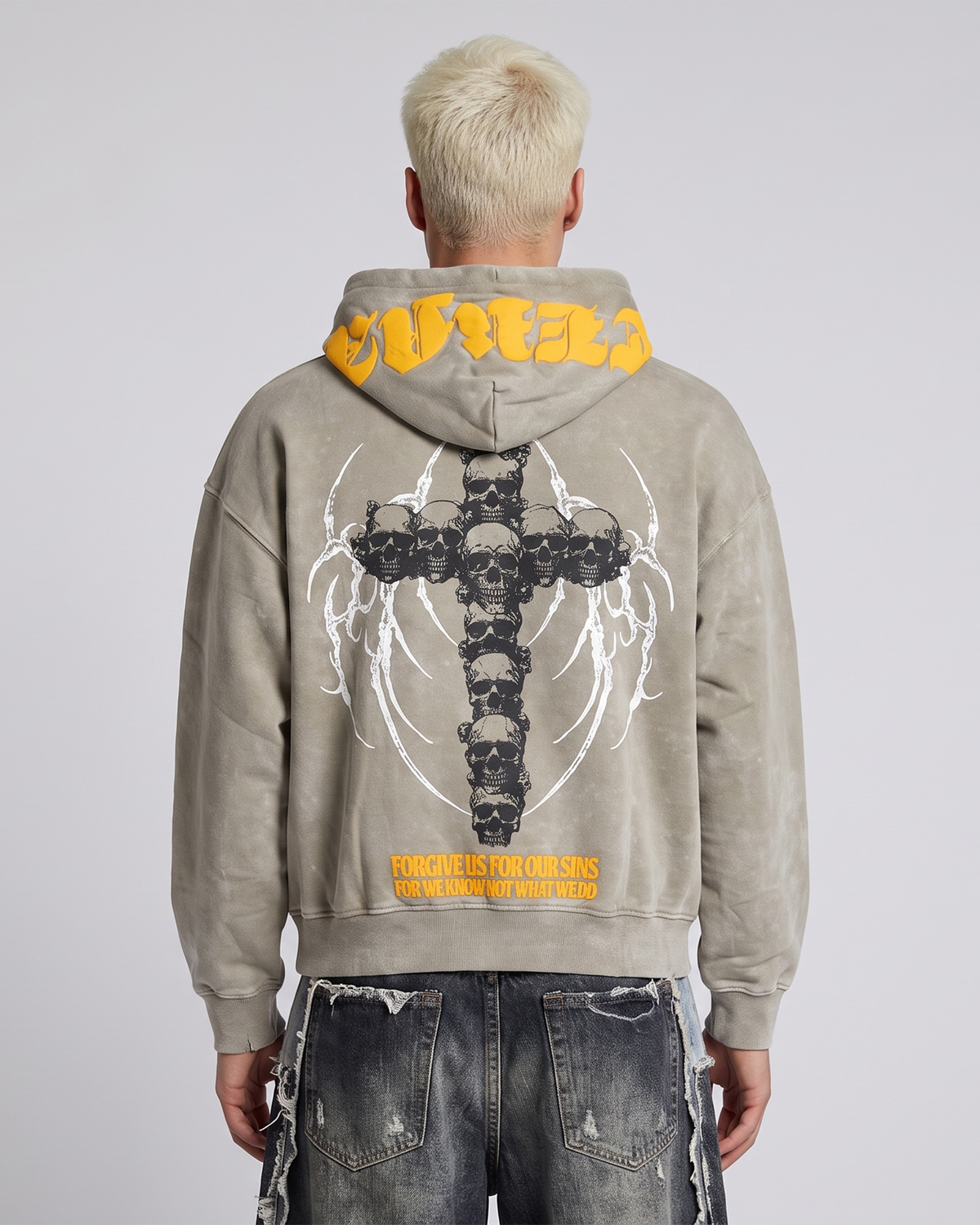 TRENT ETERNAL SKULL CROSS OVERSIZED WASHED ZIP UP HOODIE